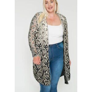 Floral Lace 3X Long Cardigan Kimono Jacket For Women In Black & White